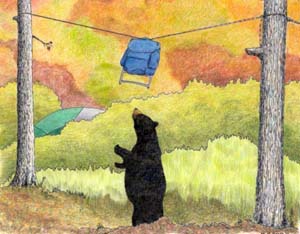 Color Illustration of backpack suspended on rope between two trees, with black bear standing on two legs and obviously unable to