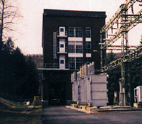 View of Deep Creek Lake's powerhouse and transformers from the north side