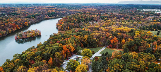 Air view of sprawling Clopper Lake in the fall